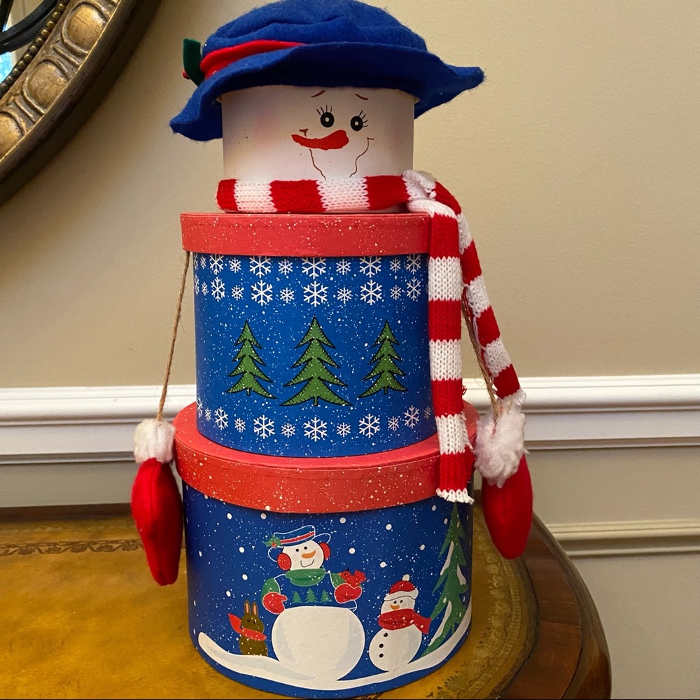 VTG Stacking Holiday Snowman Decoration 3 round stacking sturdy storage boxes